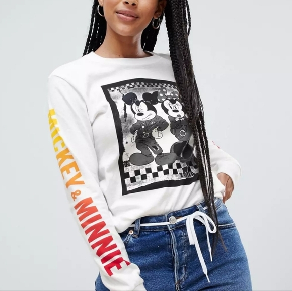 Vans‎ X Disney Punk White Mickey and Minnie Long Sleeve Boyfriend T-shirt - Picture 2 of 7